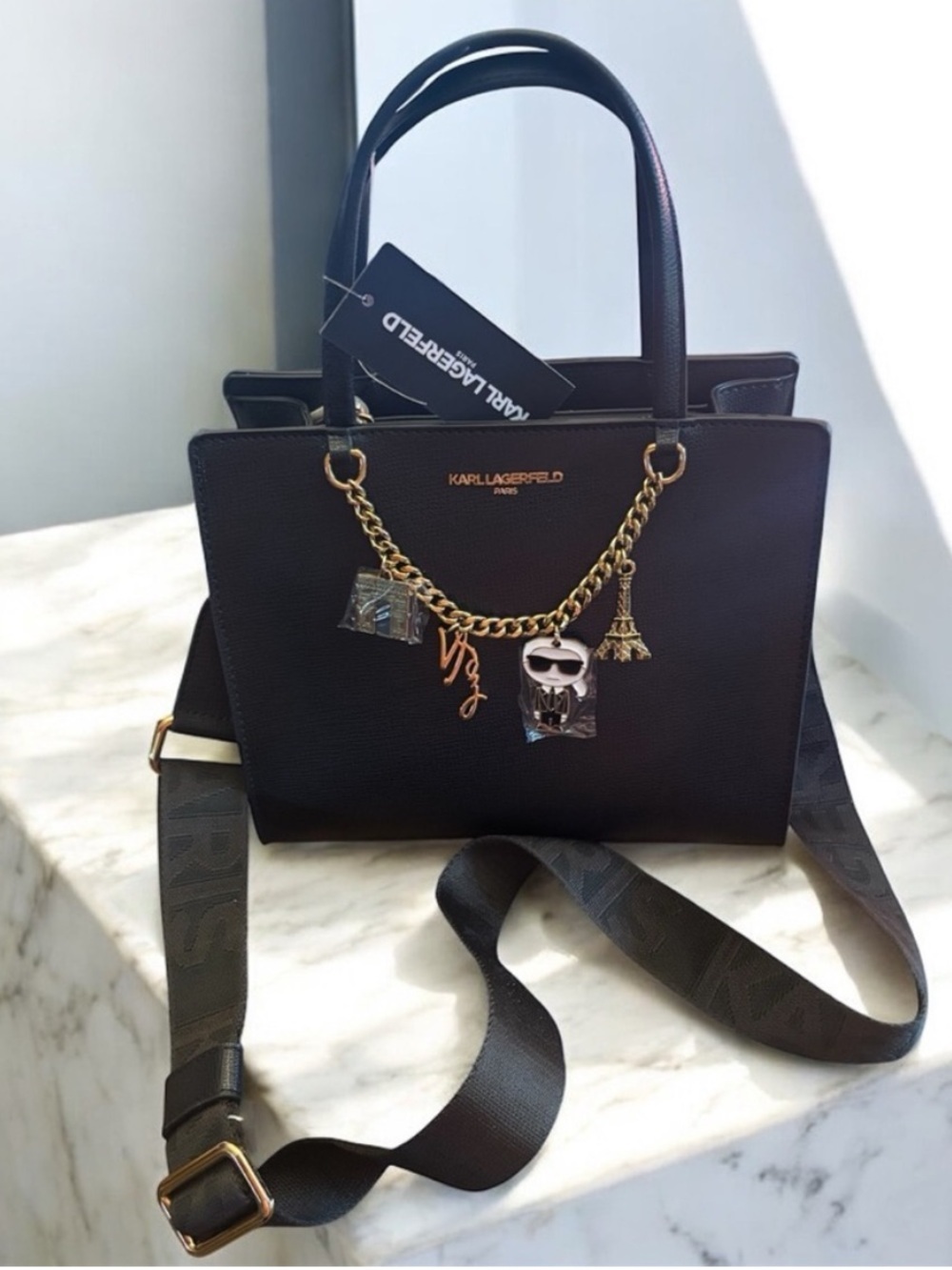 NWT Karl Lagerfeld Paris Black Maybelle Satchel Crossbody Charm Bag